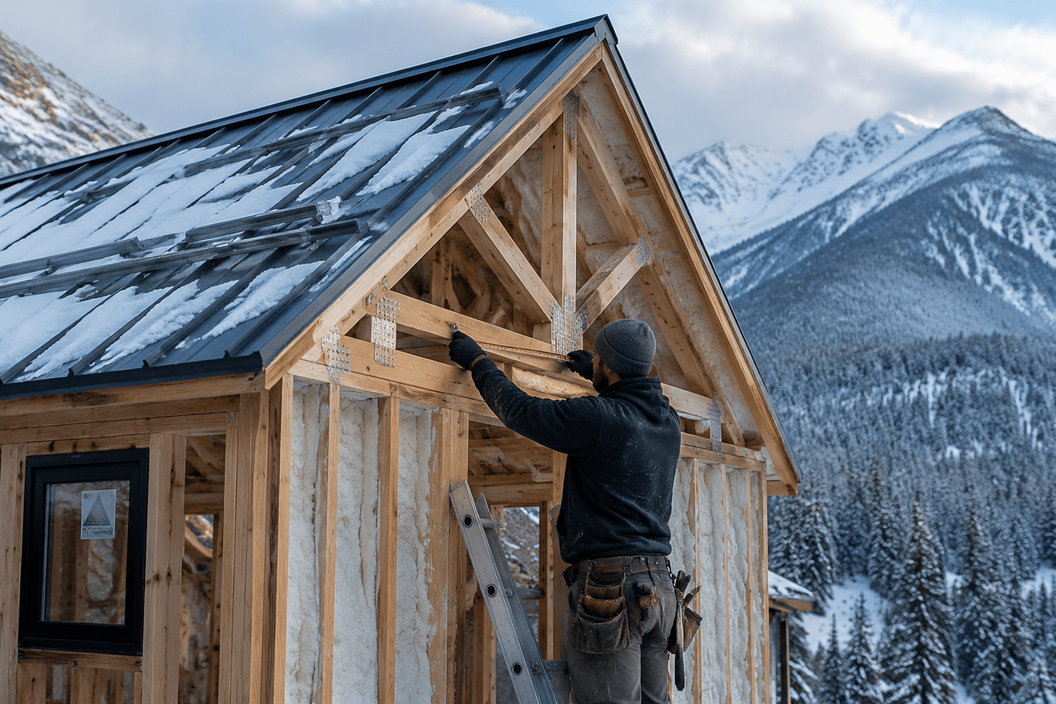 Close-up architectural detail shot () of a Colorado tiny home under construction in winter — exposed 2x6 wall framing with