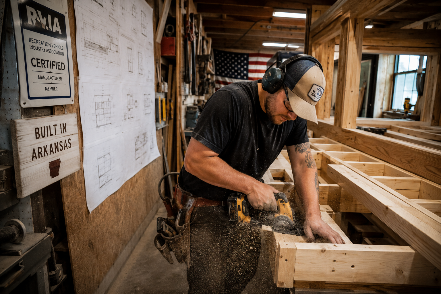 Close-up ground-level view of a tiny home builder's workshop in Arkansas, craftsman working on a wooden tiny home frame,