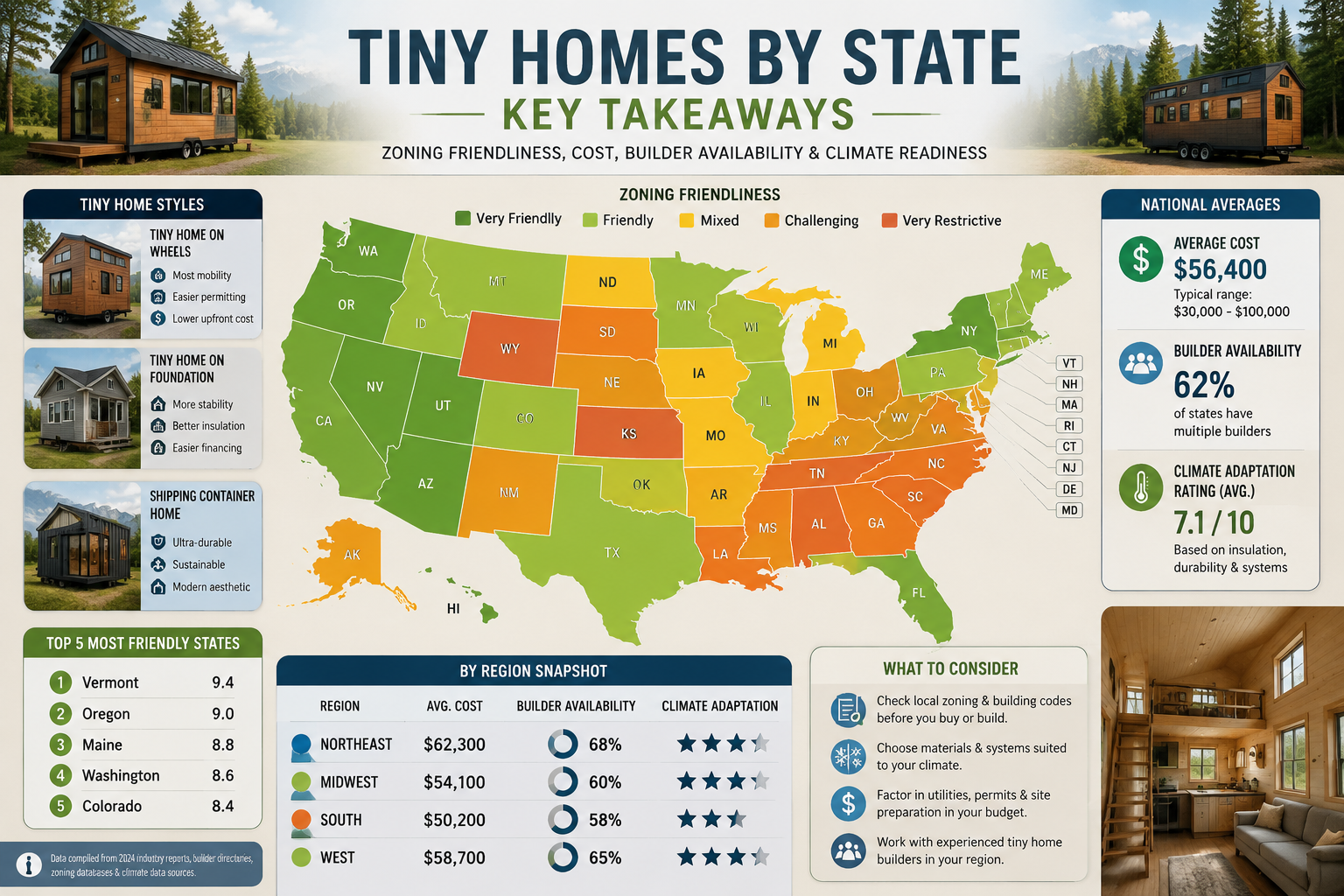 Comprehensive infographic illustrating 'Key Takeaways' for Tiny Homes by State, featuring a US map silhouette with