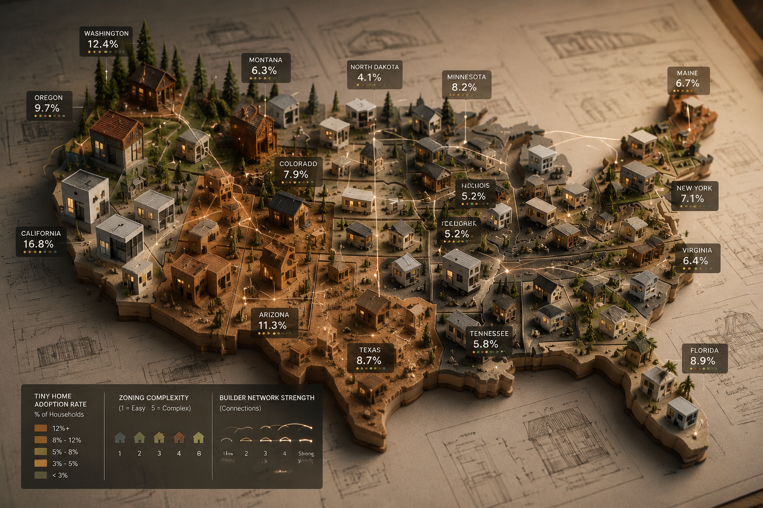Conceptual illustration exploring 'What Does Tiny Homes by State Actually Mean', depicting a miniature US map constructed