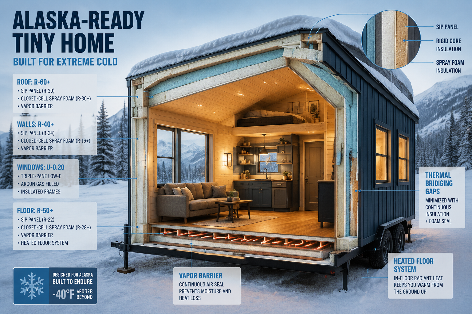 Detailed () editorial illustration showing a cross-section cutaway diagram of an Alaska-ready tiny home with labeled