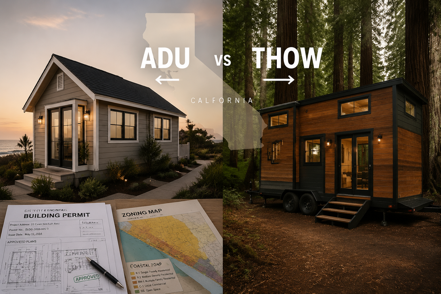 Detailed () editorial illustration showing a split-scene comparison: left side depicts a California coastal tiny home on a