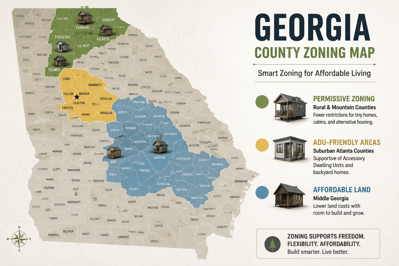 Detailed () illustration showing a Georgia county zoning map with color-coded regions — Fannin, Rabun, Pickens, Gilmer