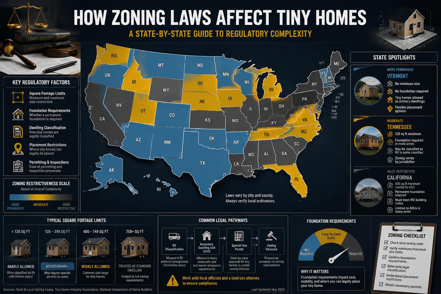 Detailed infographic analyzing 'How Zoning Laws Affect Tiny Homes by State', presenting a US map with color- zones