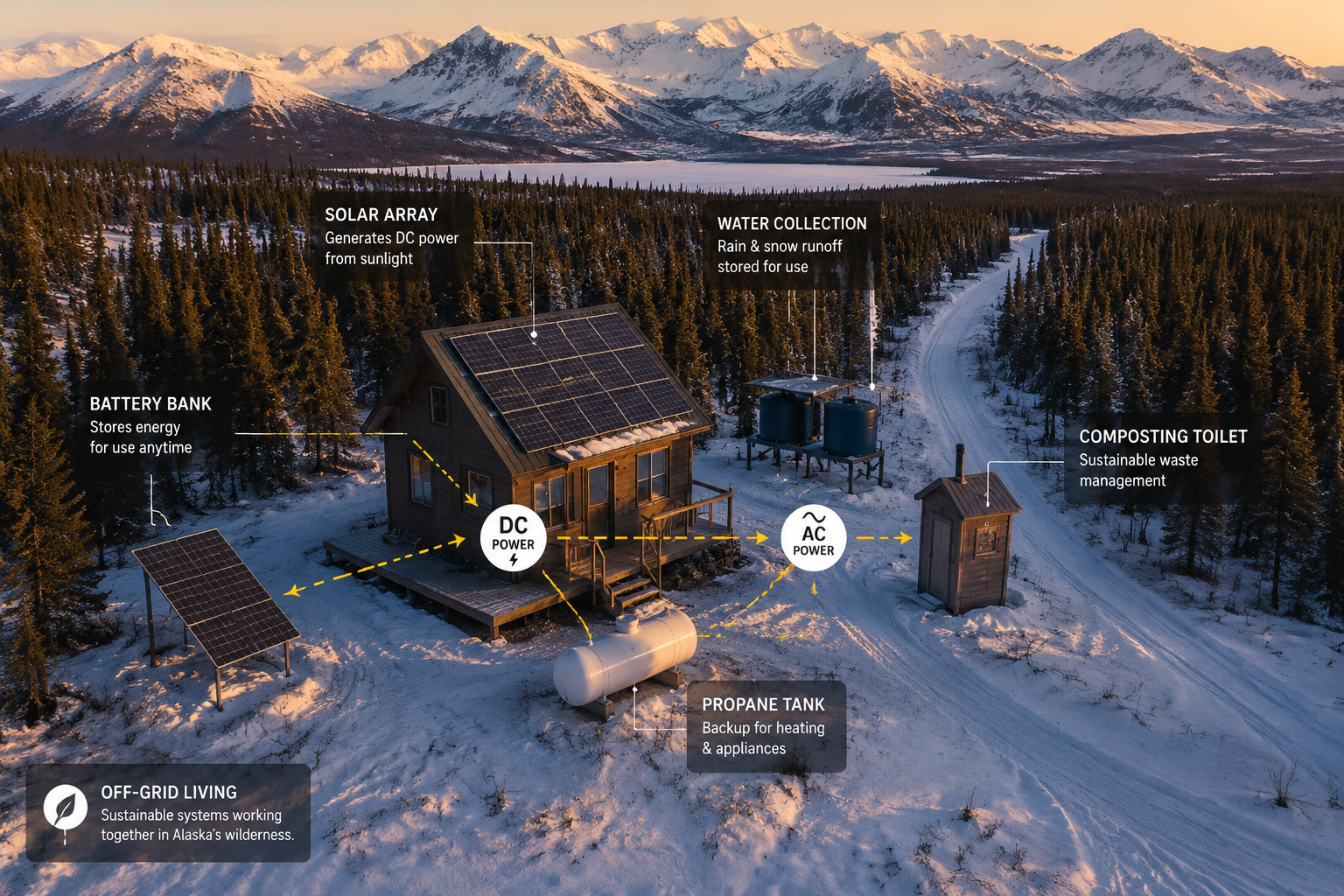 Detailed () overhead aerial perspective of a remote Alaskan property with a small off-grid cabin, solar panel array on a