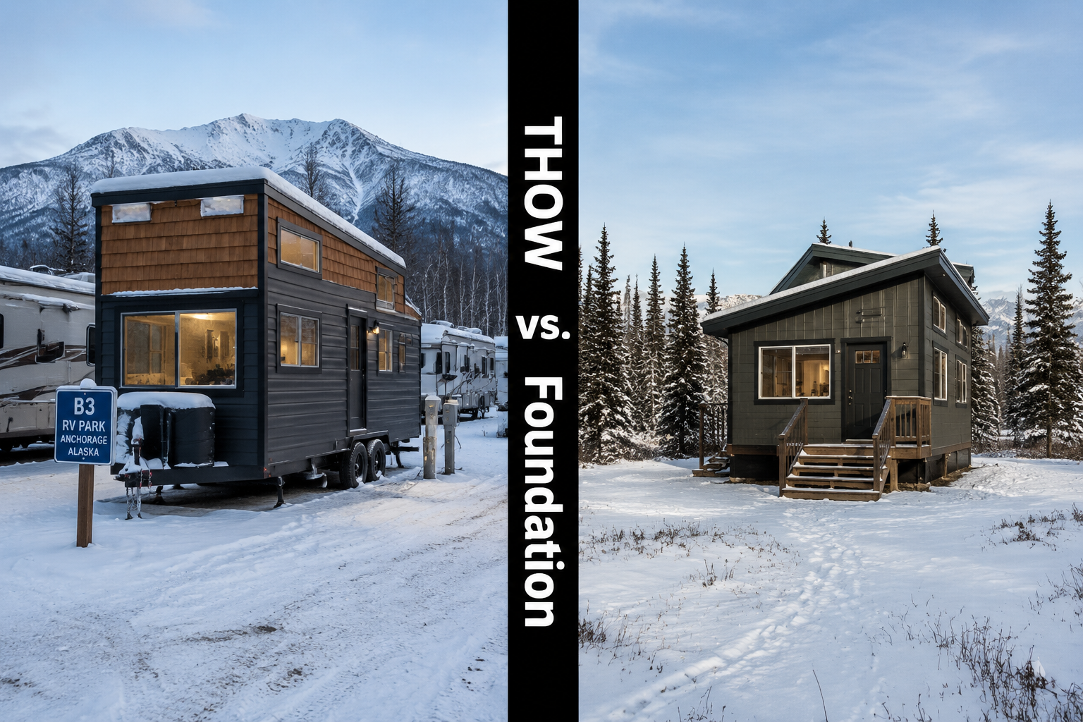 Detailed () split-panel comparison image: left side shows a tiny home on wheels (THOW) parked in an Anchorage RV park in
