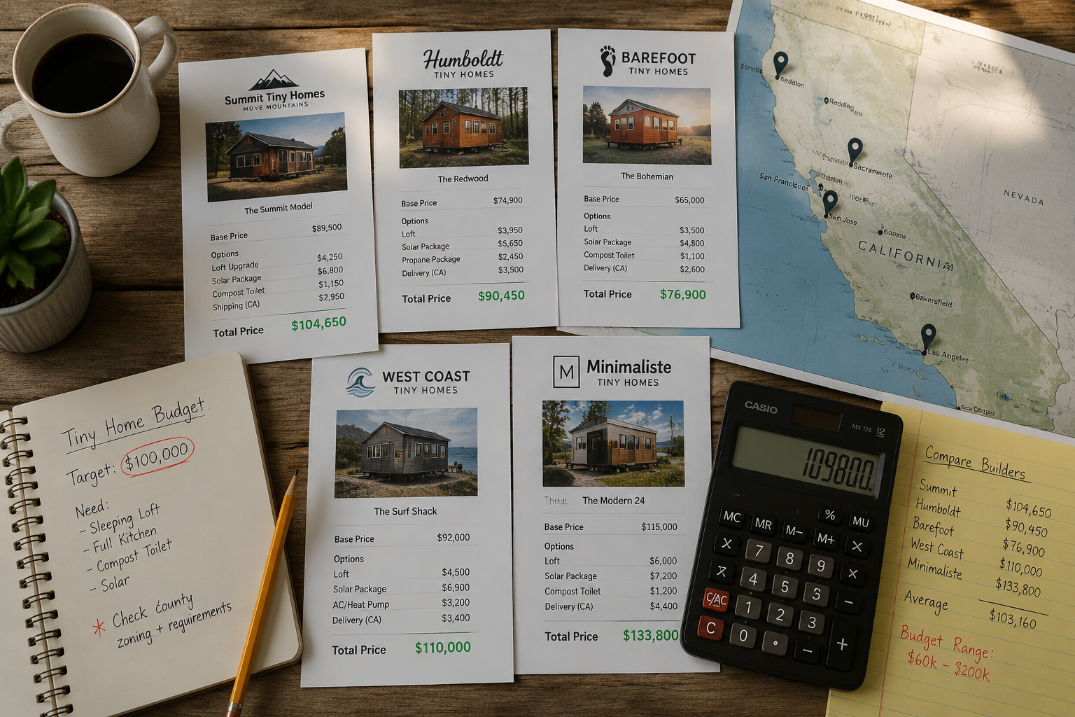 Flat-lay editorial photograph () on a weathered wood surface showing California tiny home pricing and builder comparison: