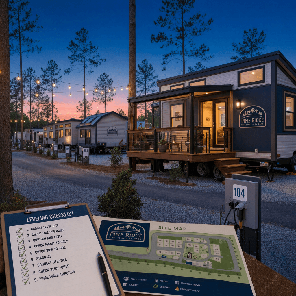 Photorealistic, high-resolution photography, () wide-angle scene showing a well-organized RV and THOW (tiny home on wheels)