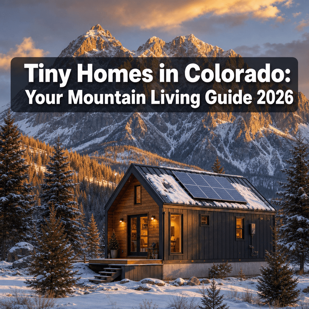 Tiny homes in Colorado mountain living guide 2026 featuring a cozy tiny home in a snowy mountain landscape