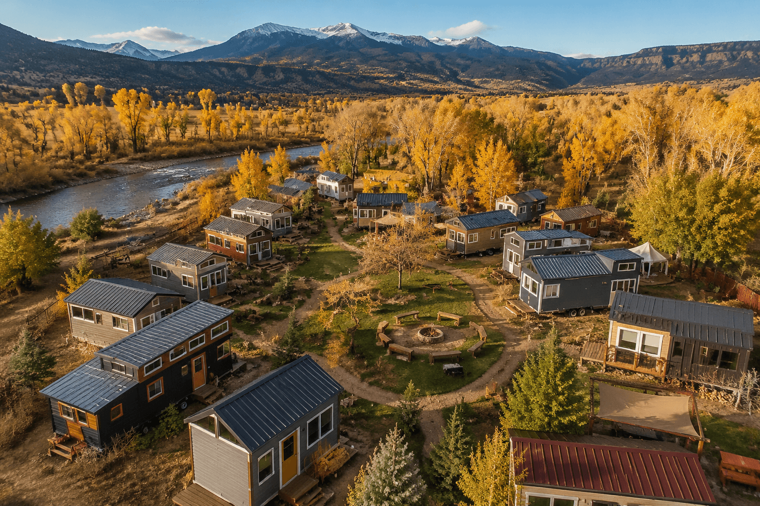 Wide aerial () showing a Colorado mountain tiny home community from above — cluster of small homes with metal roofs, shared