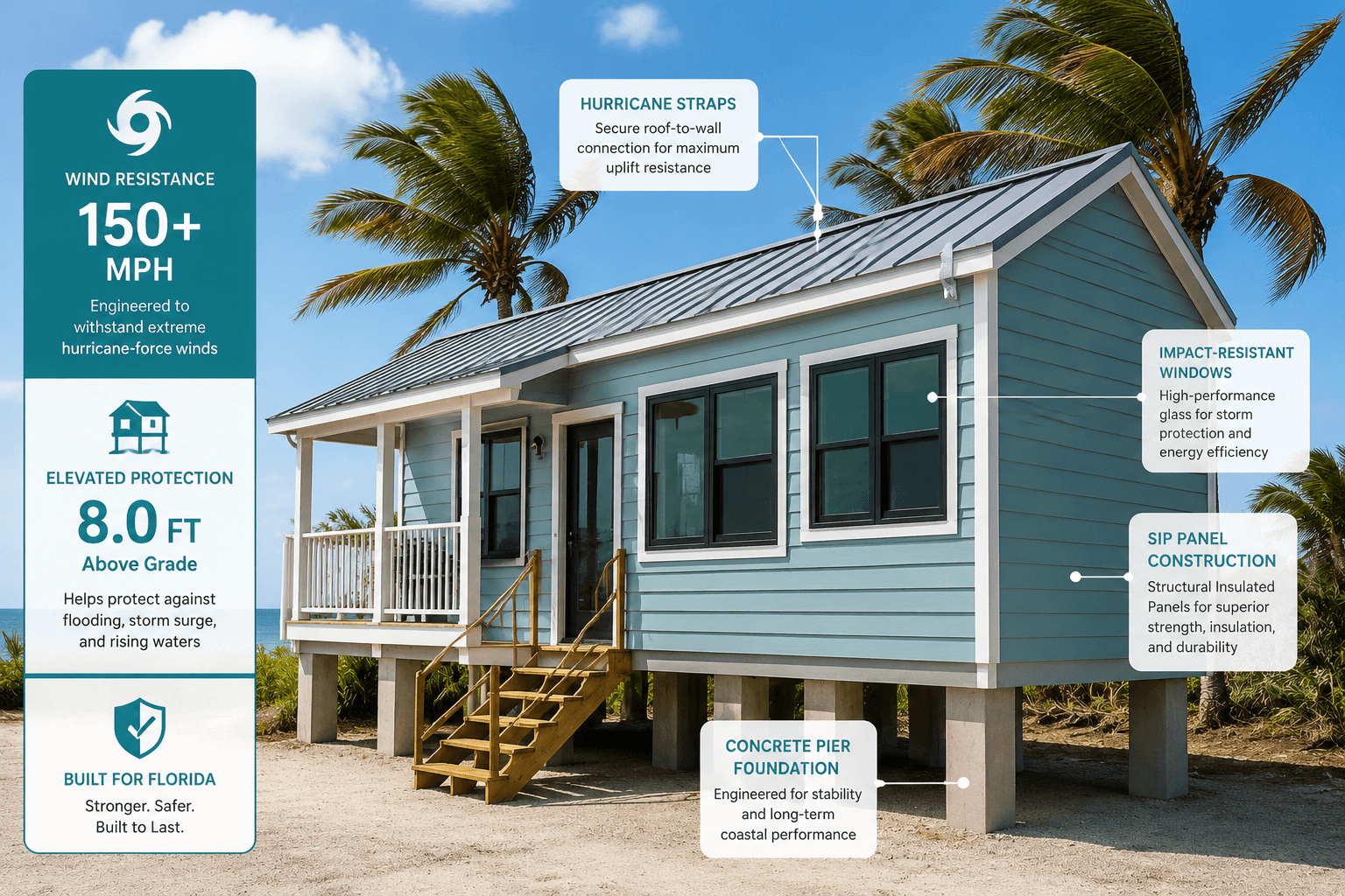 Wide-angle editorial photograph of a Florida tiny home built on elevated concrete piers with impact-resistant windows, metal
