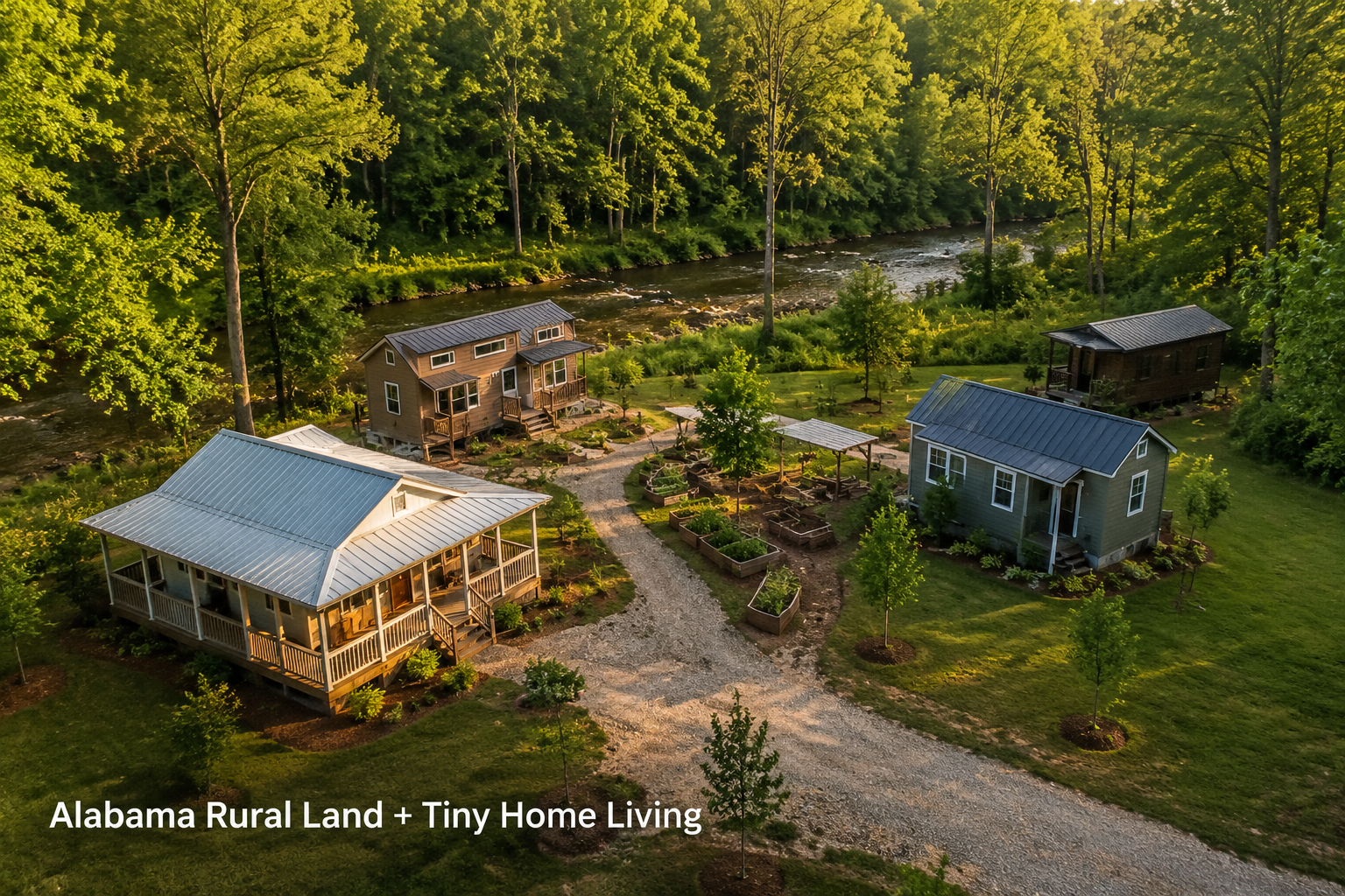 () aerial drone-style photograph of a rural Alabama property showing a tiny home community with three to four small homes on