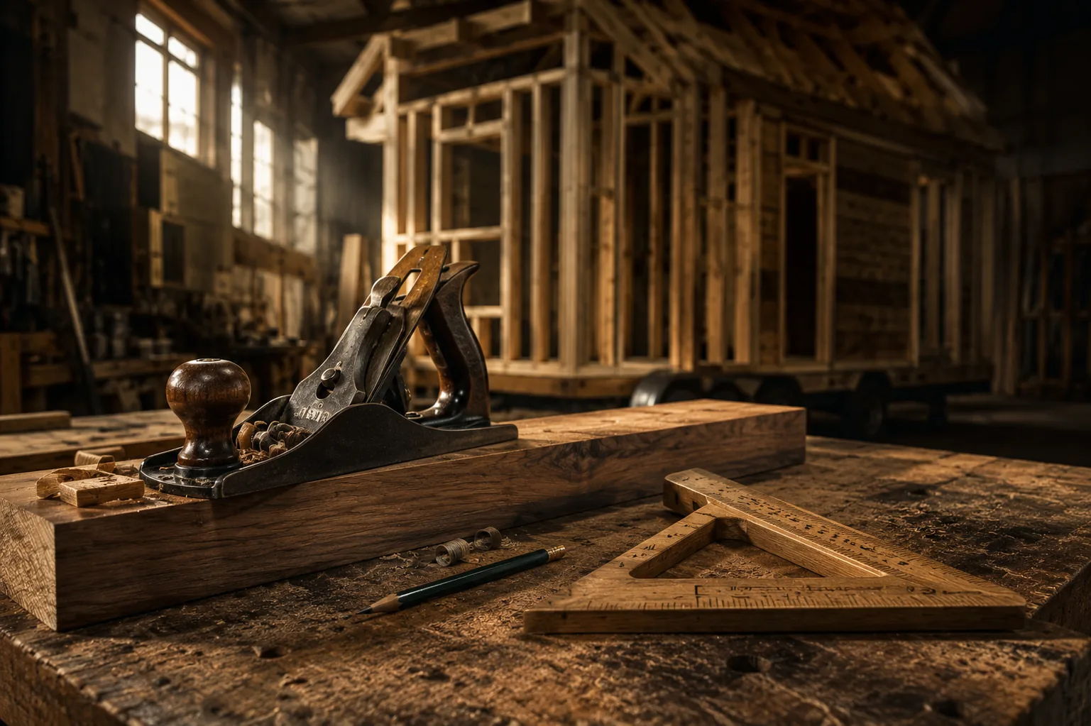 Craftsman woodworking on tiny home frame in sunlit workshop