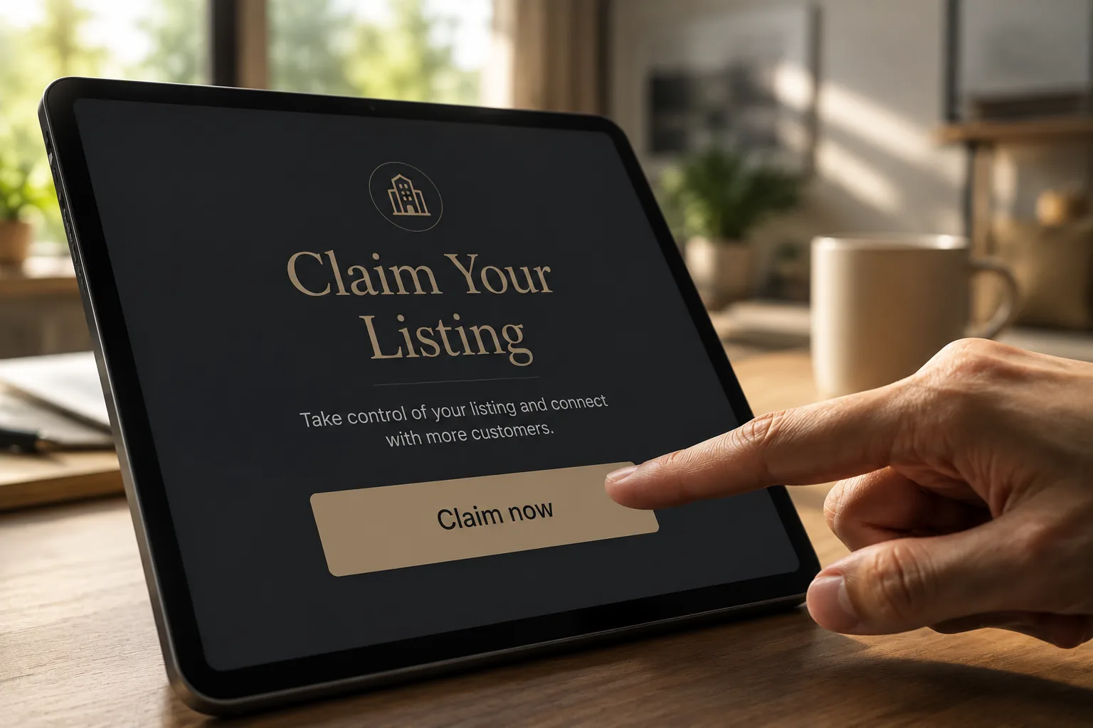 Person claiming a tiny home listing on tablet