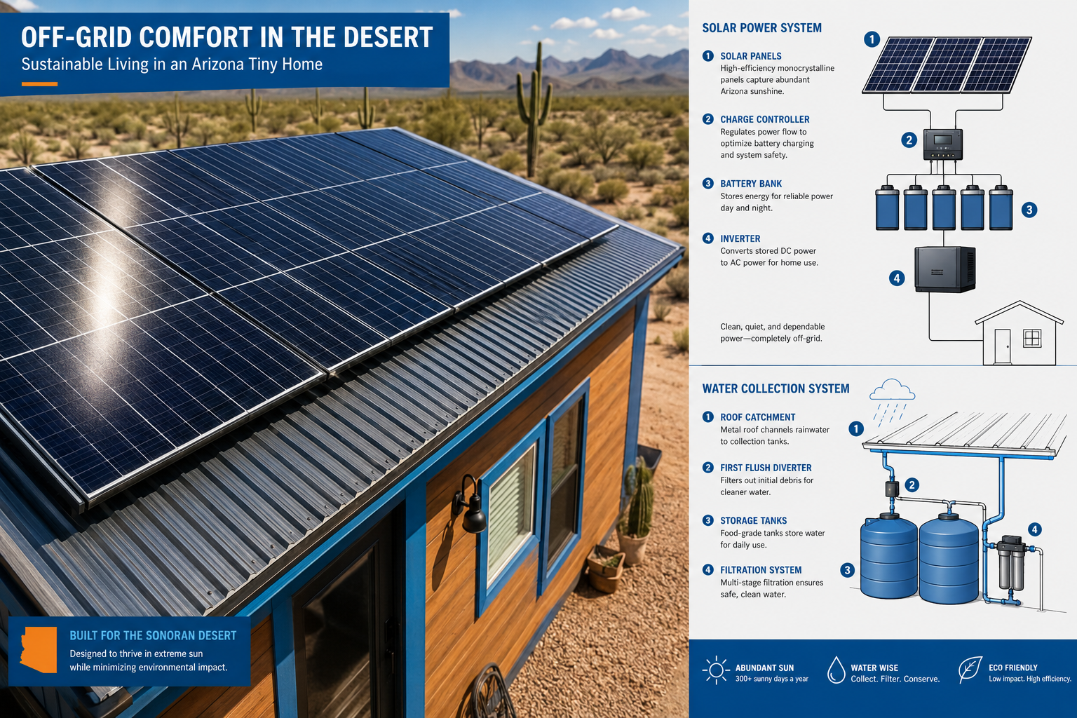 () detailed technical infographic showing rooftop solar panel array on an Arizona tiny home, close-up angled overhead shot