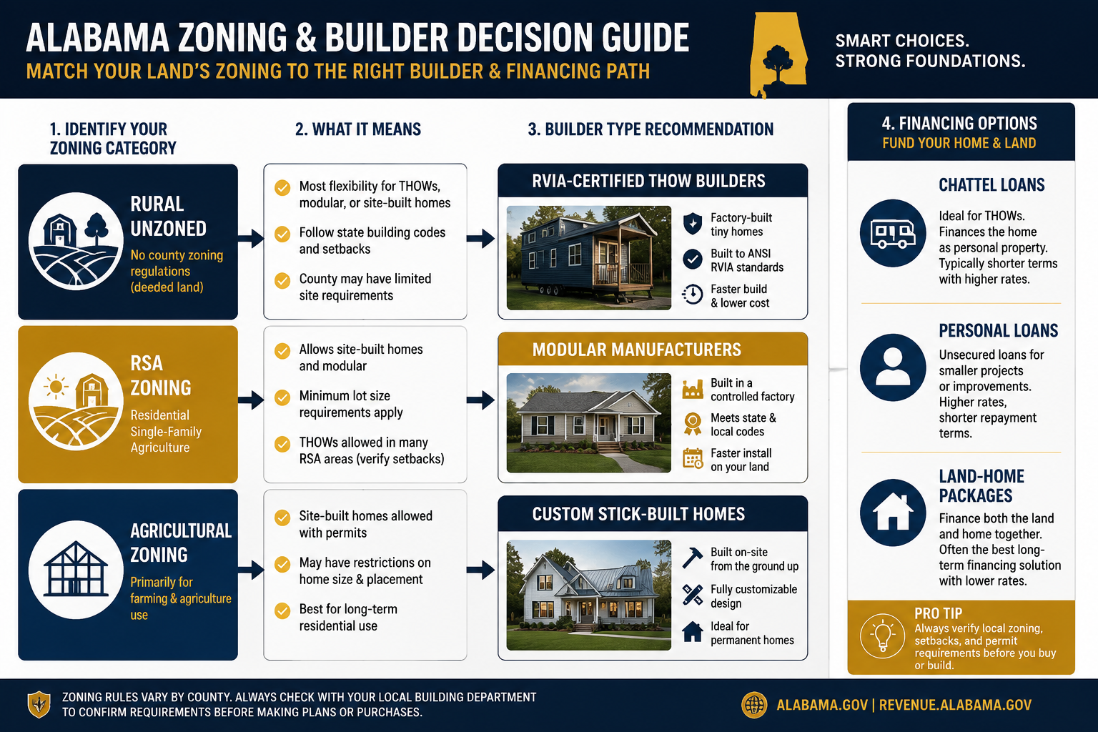 () detailed zoning and builder decision flowchart graphic styled as a clean infographic poster. Shows Alabama county zoning