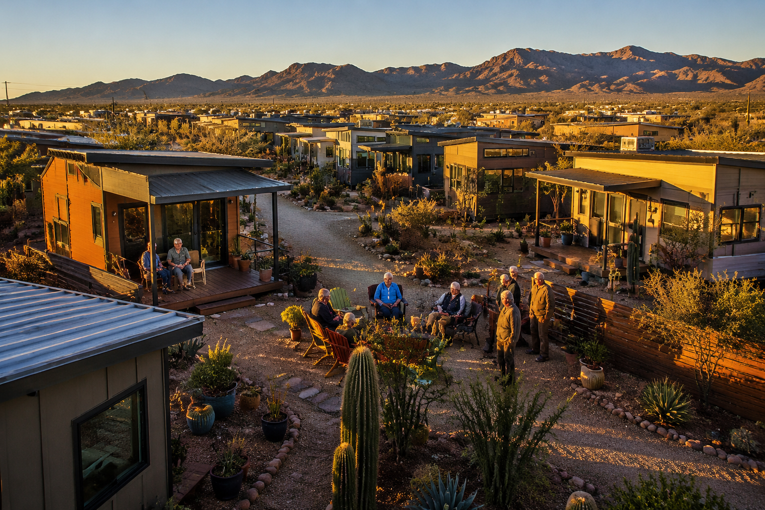 () editorial illustration showing Arizona desert tiny home community with diverse retirees and snowbirds socializing outside