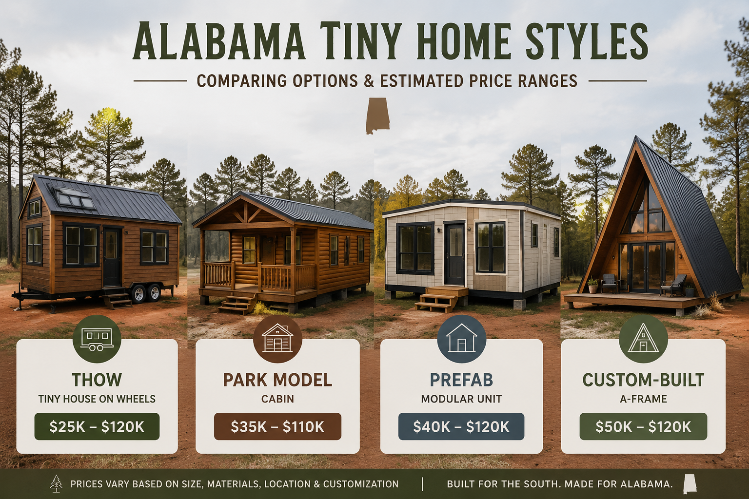 () editorial illustration showing a side-by-side comparison of four Alabama tiny home styles: a THOW (tiny house on wheels)