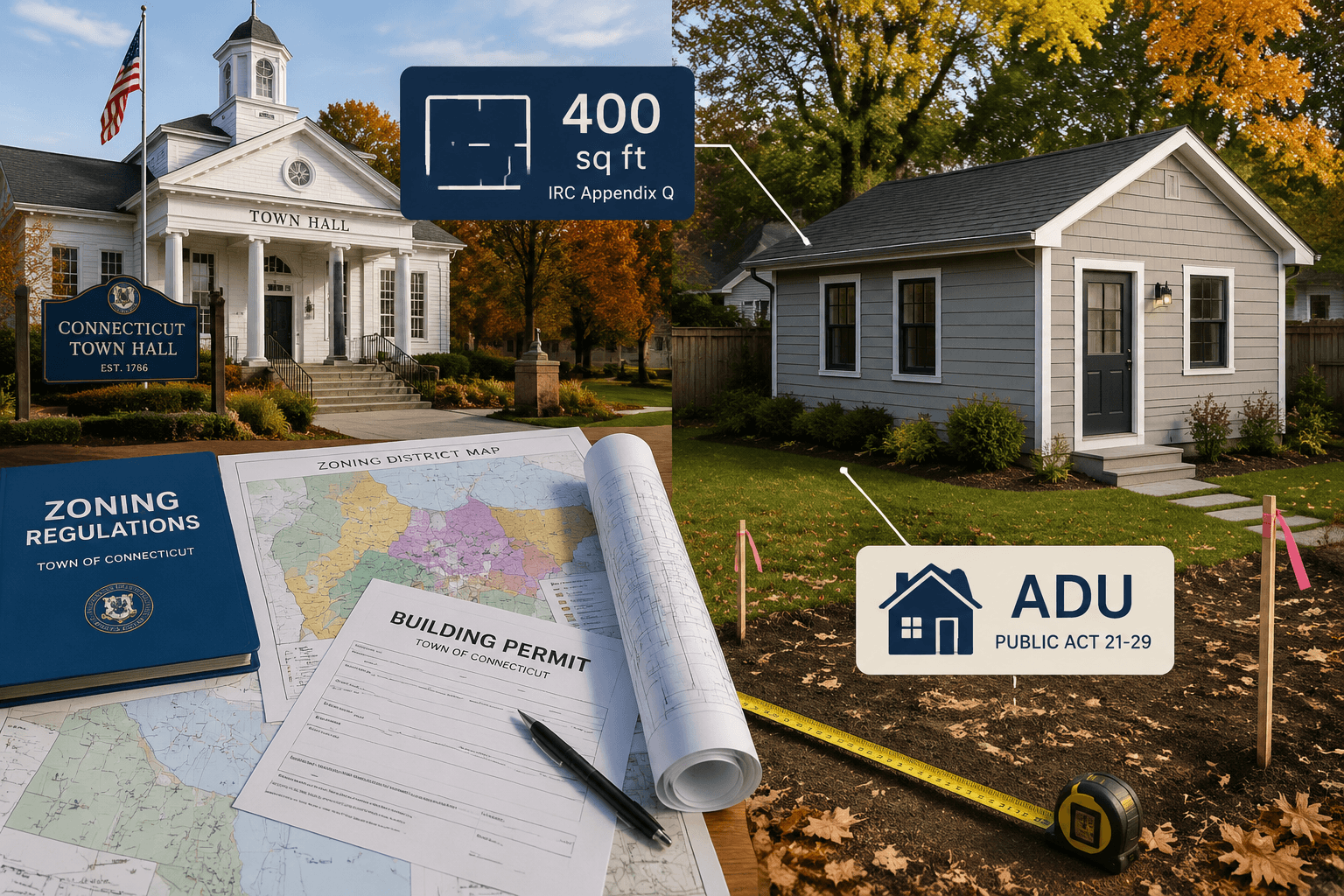 () editorial illustration showing a split-scene comparison: left side depicts a Connecticut town hall building with zoning
