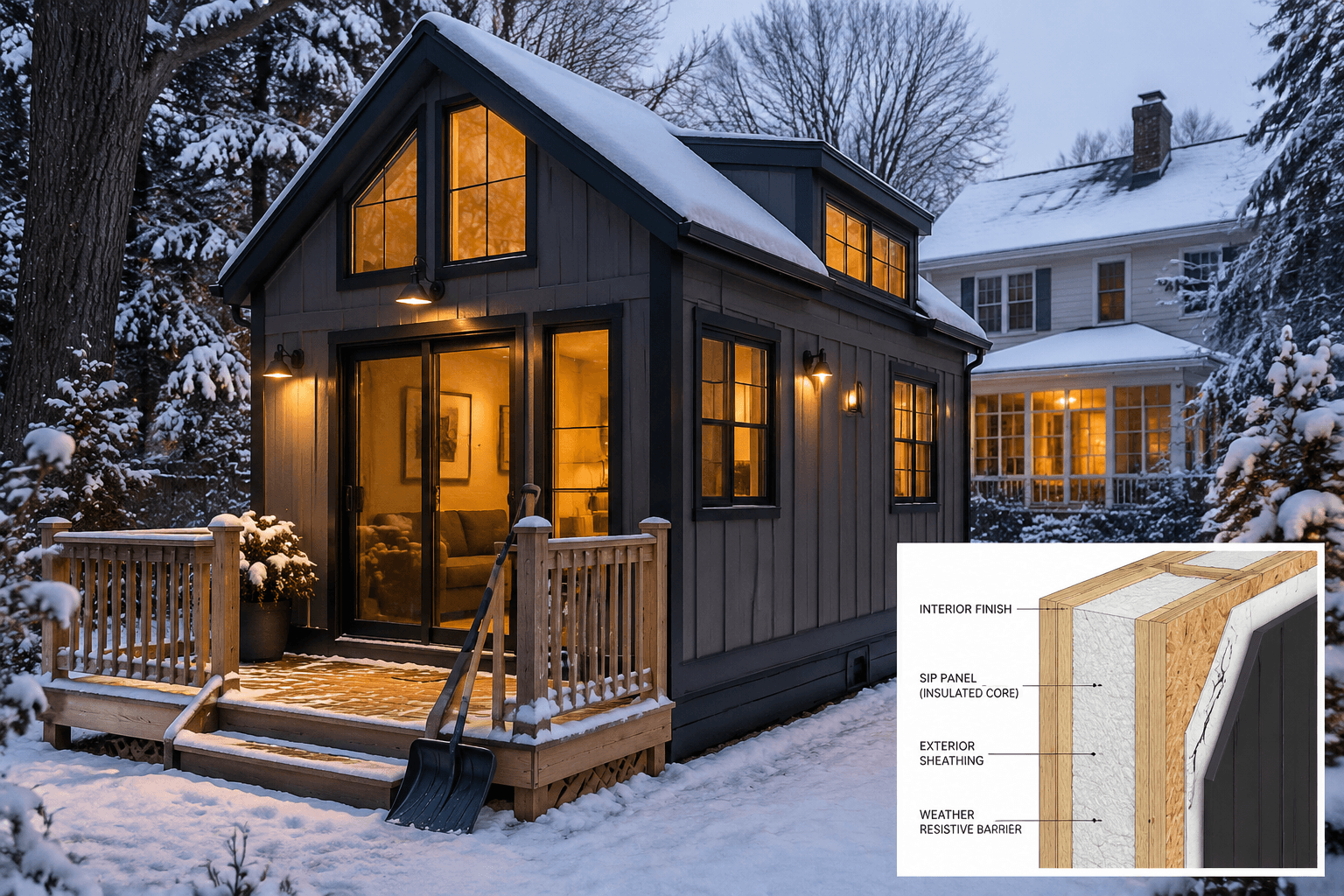 () showing a cozy compact tiny home in a Connecticut backyard during winter — snow on the roof, warm amber light glowing