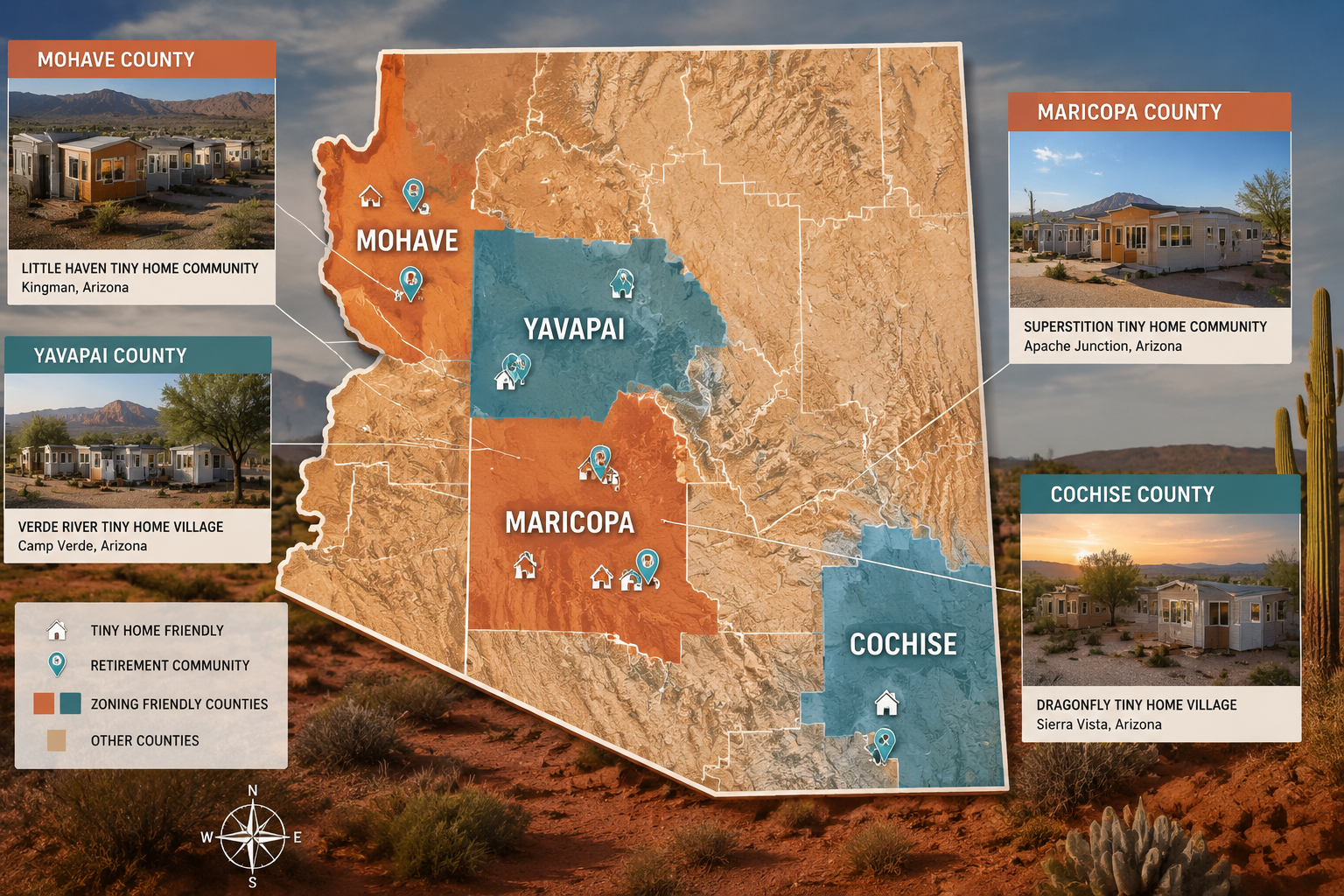 () wide-angle map-style illustration of Arizona state outline with highlighted zoning-friendly counties (Maricopa, Cochise,